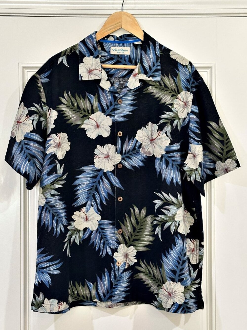 Caribbean Pure Silk Hawaiian Shirt Men XL Blue Hibiscus Floral Aloha Camp Island